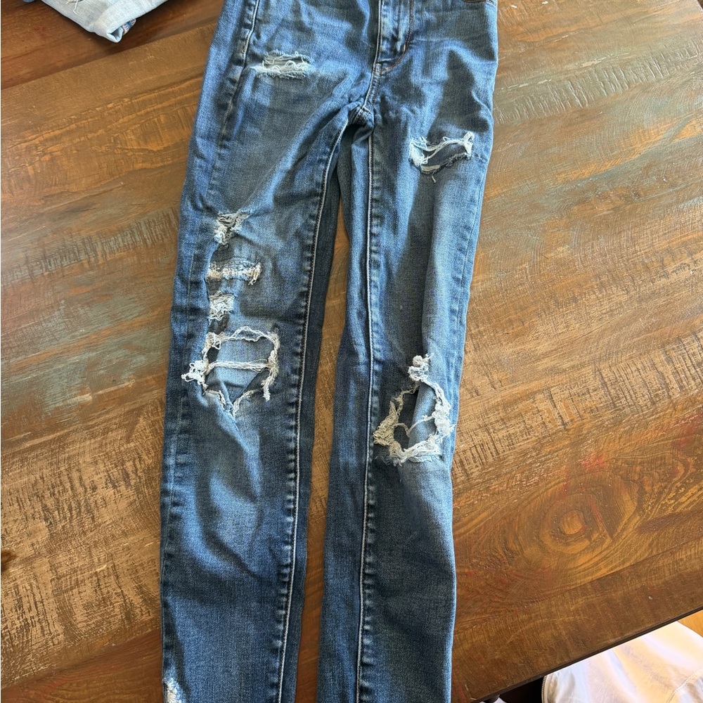 American Eagle Outfitters Distressed Dark Blue Ankle Skinny Jeans